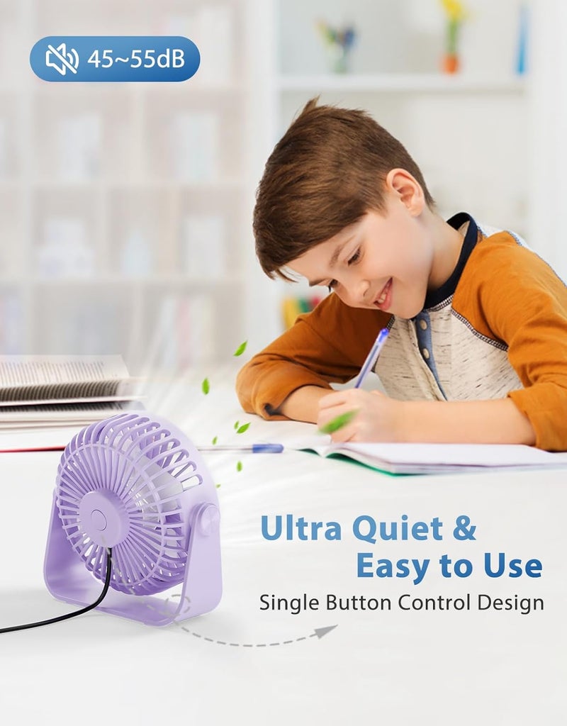 TriPole USB Desk Fan Portable Mini Fan Powerful 3 Speeds Wind Personal Desktop Fan with 360° Head Rotation for Home Office Car Indoor Outdoor Purple, No Battery, 4.5 Inches - Image 2